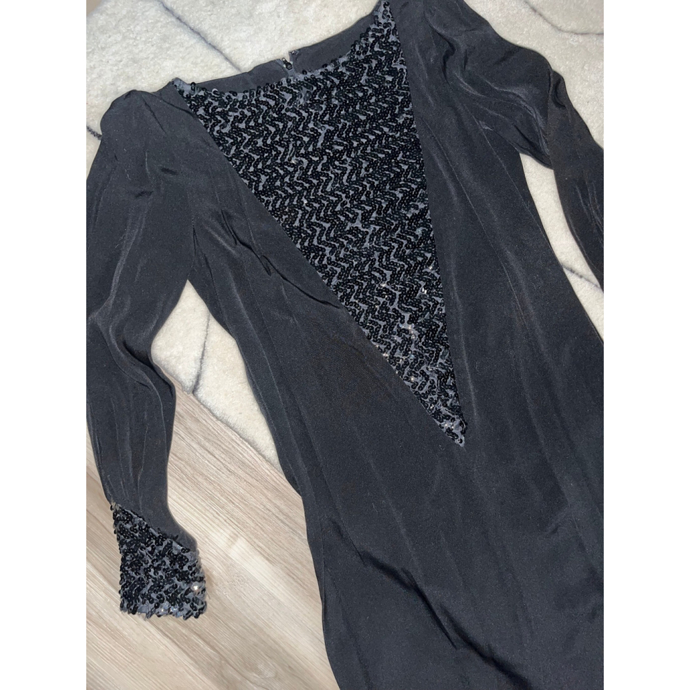 Vintage Bistro Black Sequin Cocktail Dress with V Shape Detail